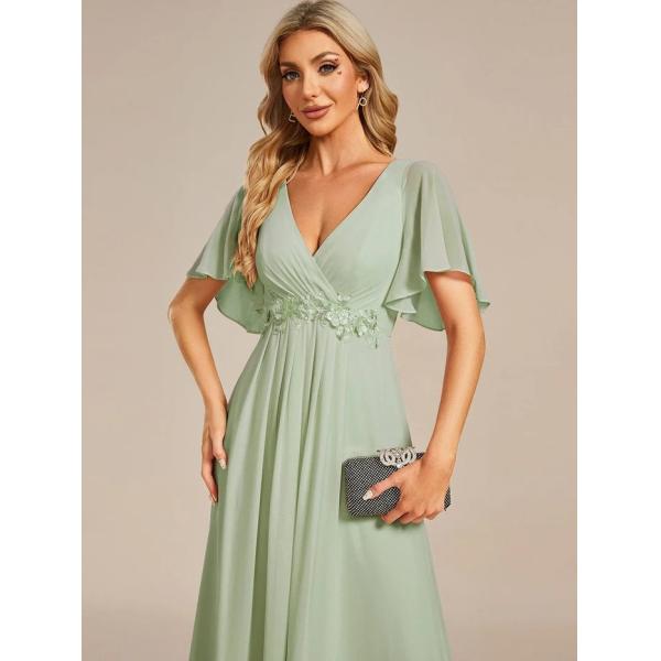 Charming Empire Applique A-line Short Flutter Sleeves V-neck Invisible Zipper Mint Green Chiffon Evening Dress