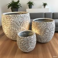GRCポット 灰色の丸い繊維セメントプランター モンスター葉のデザインパターン 軽量 耐久性 低保養性 花のポット 休日 ビラ オフィス装飾 屋根上の庭園 景観設計プロジェクト