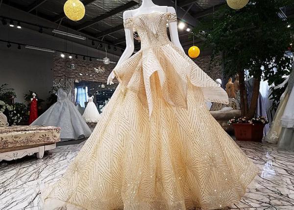 Special Gold Sequin Prom Dress Off Shoulder Short Sleeve Back Bandage Puffy Tail