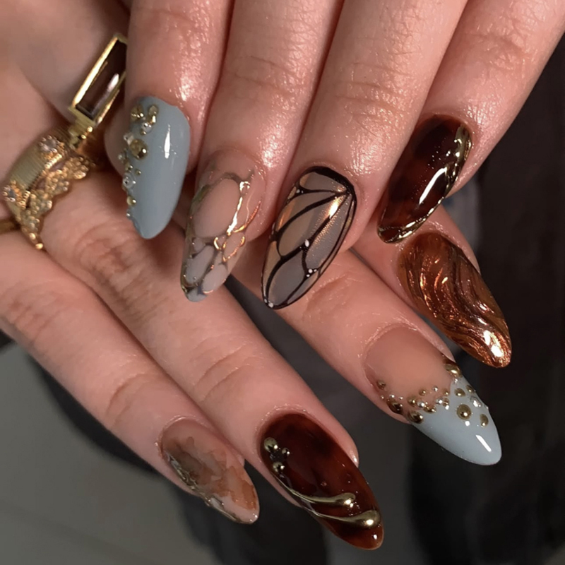 Almond Hawksbill Turtle Personalized Press On Nails Marble With Rhinestone