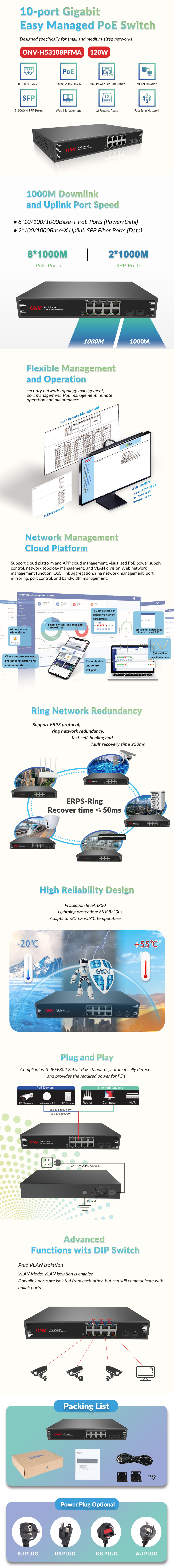 10-port Gigabit Managed PoE Switch with 30W PoE per Port and 20Gbps Switching Capacity