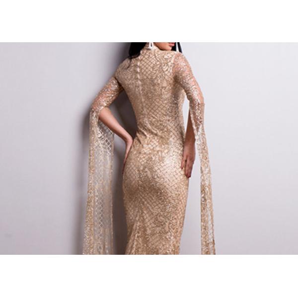 High Neck Mermaid Style Prom Dress Gold Dark Green Color Long Sleeve Lace Sequin