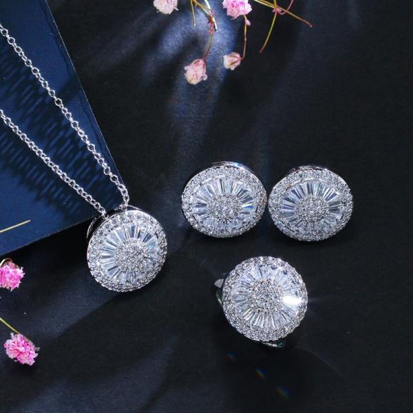 Charming 925 sterling silver white gold plated Cubic Zircon CZ Clear diamond Earrings Necklace Bridal Jewelry set