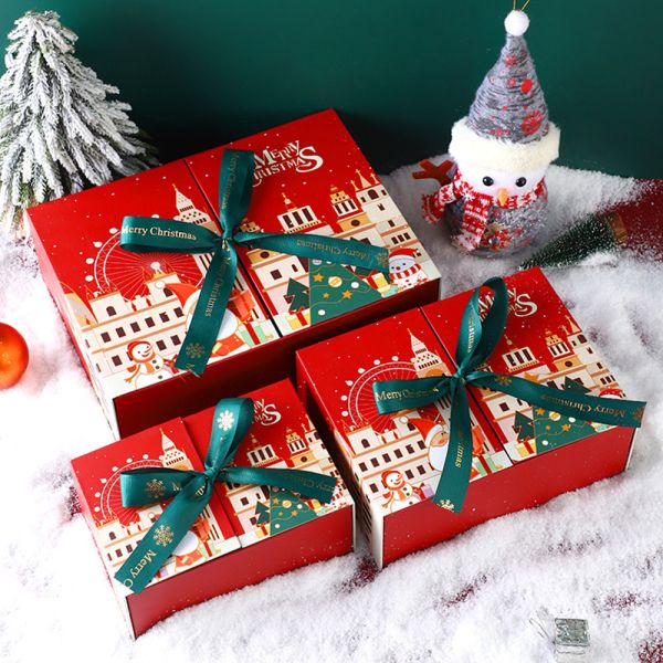 Merry Christmas Double Door Gift Box Red Festive Bow Design Sturdy Cardboard Construction Christmas Eve Surprise Gift Packaging