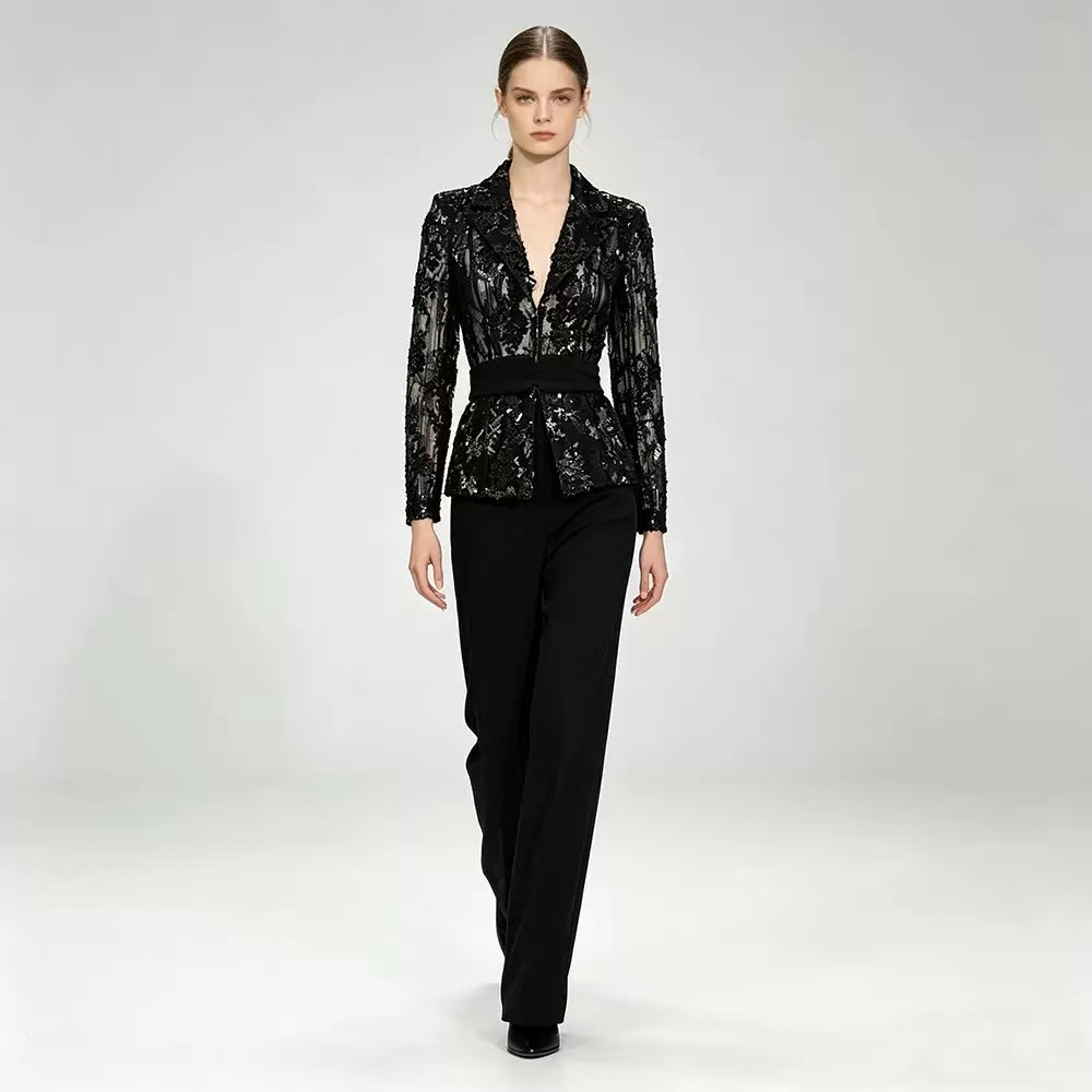 Floral Embroidered Lace Blazer Pants Suit Set with Sequin Embroidery and High-Waisted Wide-Leg Trousers