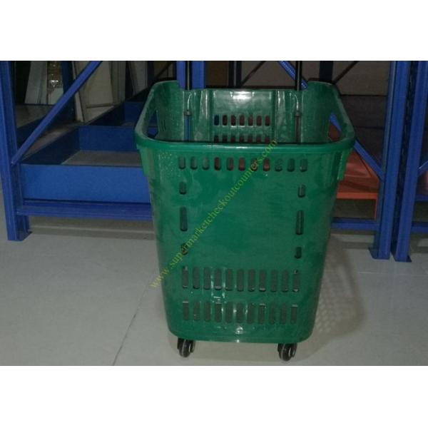 Red Plastic Basket Carts With Wheels Supermarket / Vegetable Shopping Basket