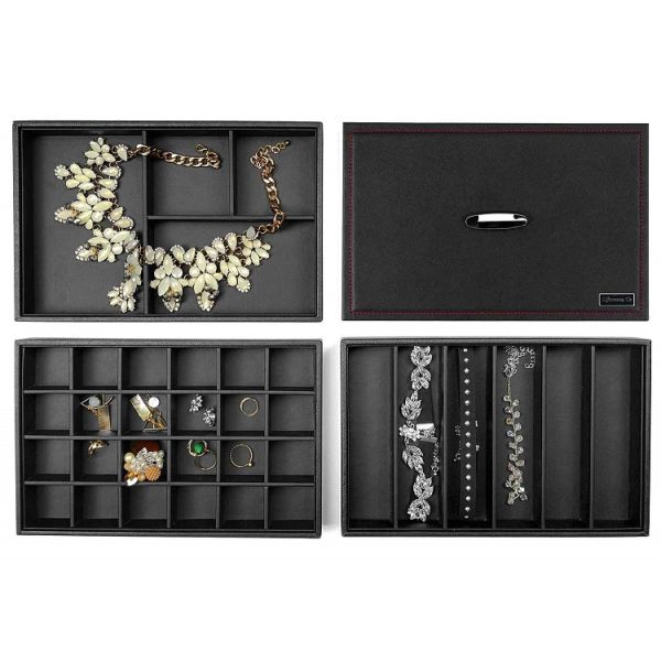 Black Color 24 Slot PU Leather Jewelry Boxes Stackable Necklace Display Trays Handmade