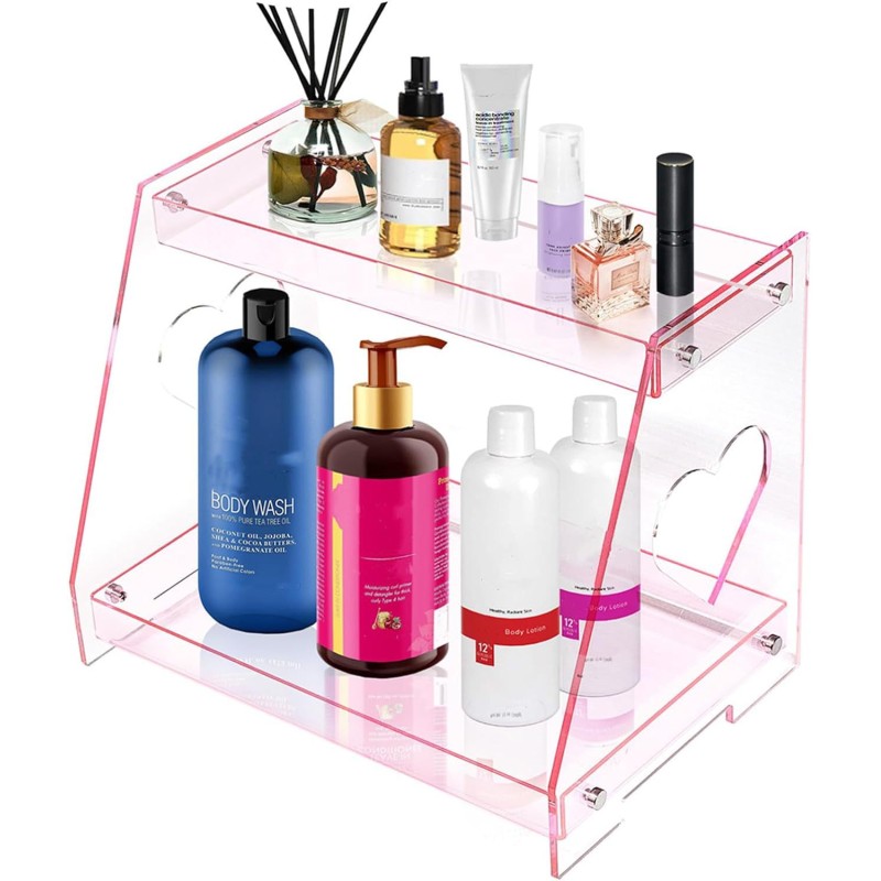 Custom-made 2-Tier Pink Heart Acrylic Tray Vanity Perfume Skincare Organizer Countertop Display Shelf