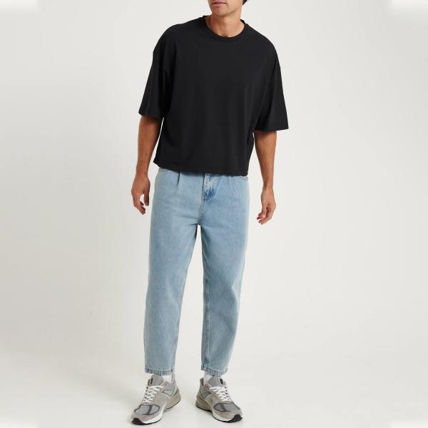 Black Boxy Cropped Graphic Tee Tshirt Men Heavyweight Cotton Box Cut Fit Short Sleeve Crop T Shirt