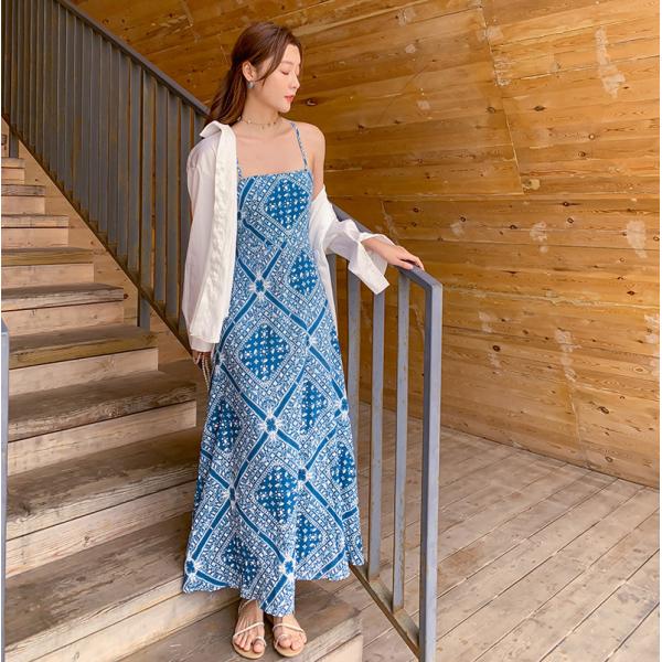 Blue Back Tie Halter Strap 104cm Bohemian Beach Dress