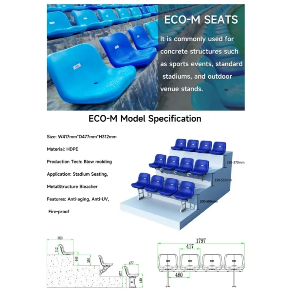 HDPE Material Fire Proof Anti-UV Plastic Stadium Seating and Stadium Fixed Chair for Indoor Outdoor Use