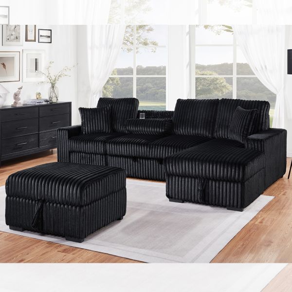 Sectional Sleeper Sofa with Pull-Out Bed and Dropdown Table and Storage Chaise and Storage Ottoman, Black Corduroy Fabric