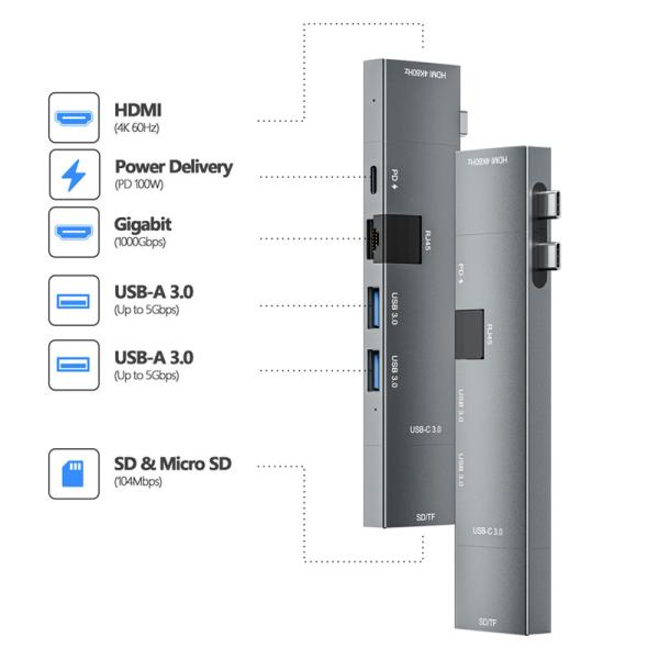 8 In 2 Multi Port HUB OEM ODM USB C Thunderbolt HUB For MacBook Air/Pro