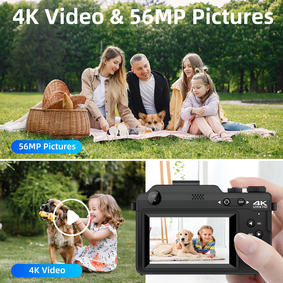 4K Vlog Photo Digital Camera Camcorder 56MP 3'' IPS Screen WiFi Digital Camera Recorder  for YouTube Vlogging
