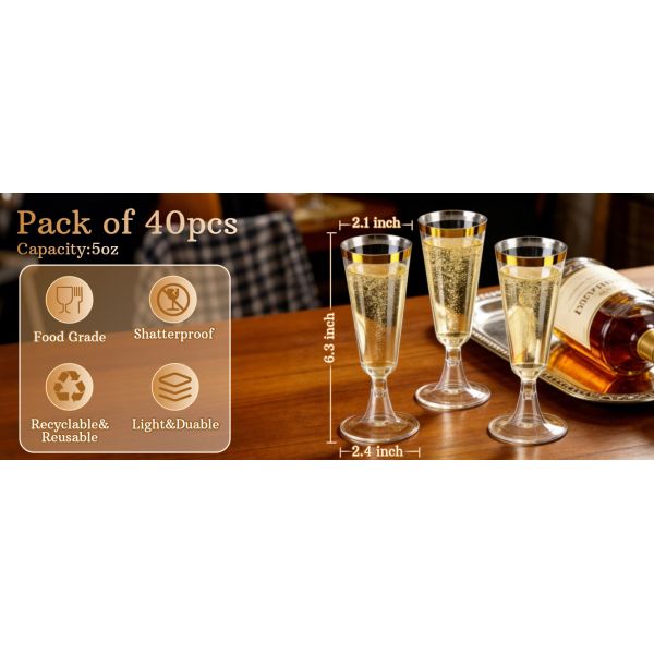 Plastic Champagne Flutes Disposable Glasses, 5oz Clear Champagne Toasting Glasses Bar Bulk Cocktail Cup Suitable for Weddings, Cocktail Parties & Outdoor Celebrations