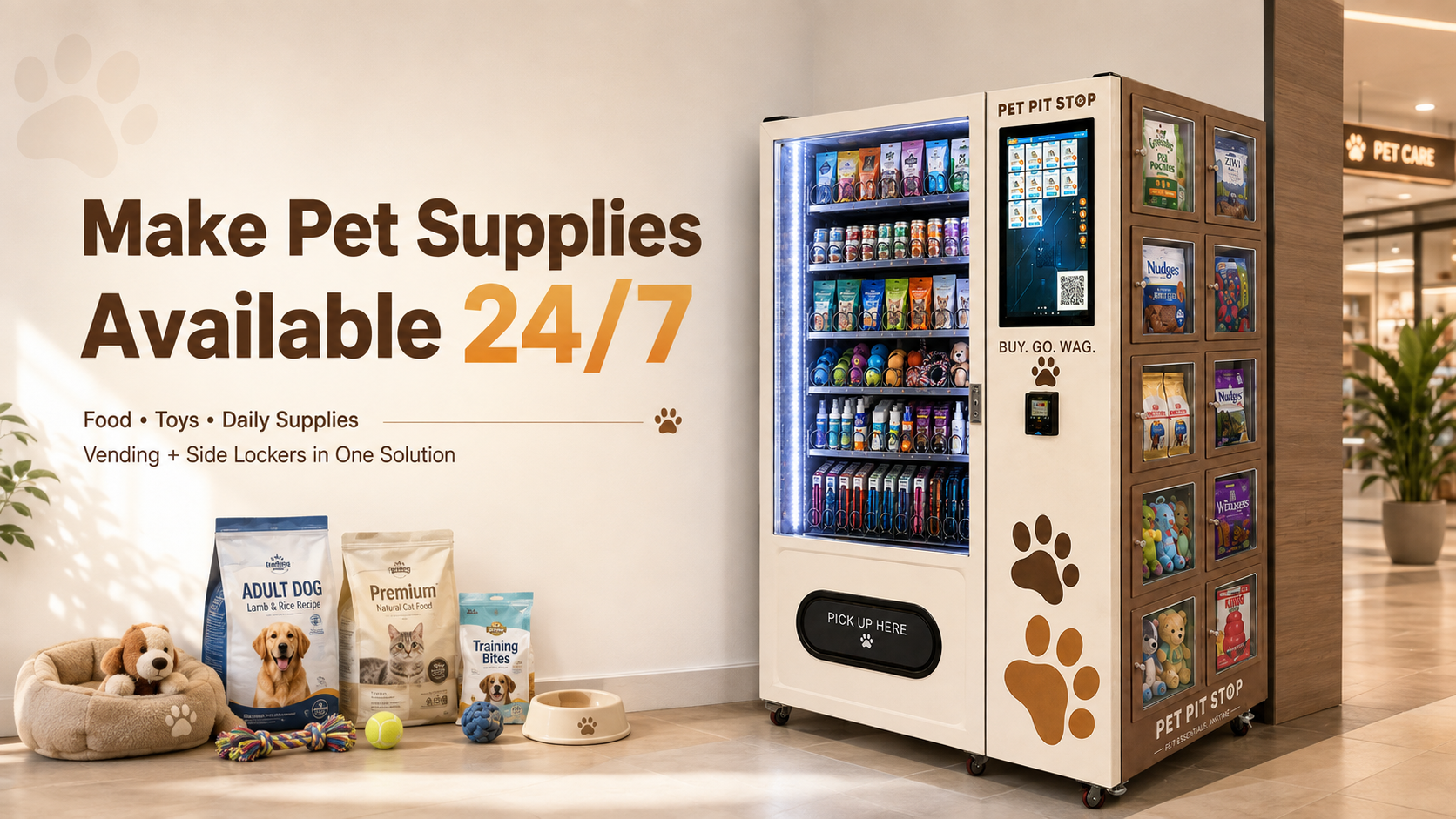 Self Service Pet Vending Machine Combining Standard Vending and Side Lockers for Large and Small Pet Supplies