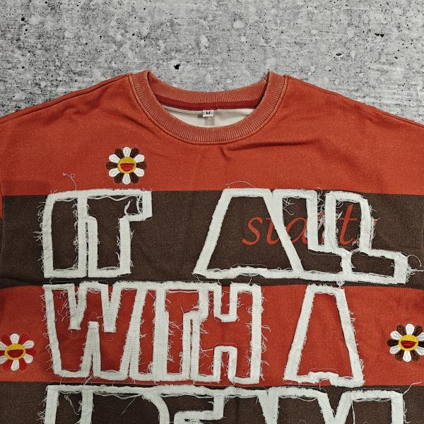 Custom Logo 280-300 Gsm Cotton Distressed Embroidery Acid Washed Raw Hem Cropped Striped Long Sleeves T Shirt for Men