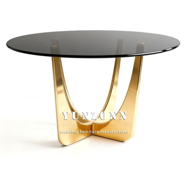 Luxury Round Stainless Steel Wedding Table Event Design Gold Glass Top Dining Table