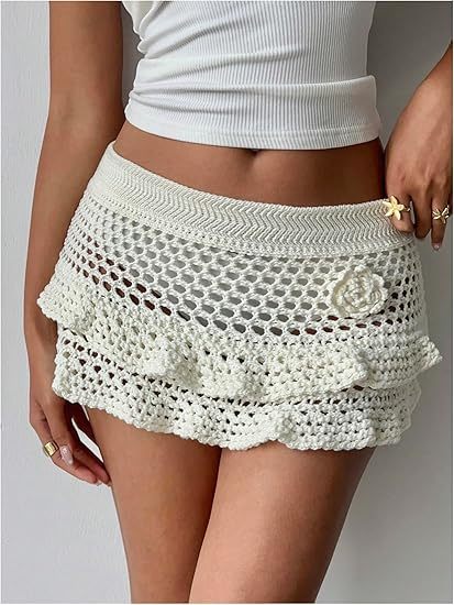 Women'S Crochet Cover Up Skirt High Waist Drawstring Knit Swimsuits Boho Swim Skirts Beach Cover Up,Drawstring Colorful Crochet Shorts for Women,Cute Summer Bottoms Rave Festival