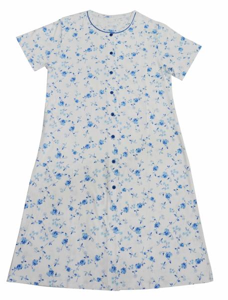 Ladies Cotton Jersey Blue Floral Printed Button Through Nightdress Sleepwear with Blue Piping Button Satin Bows