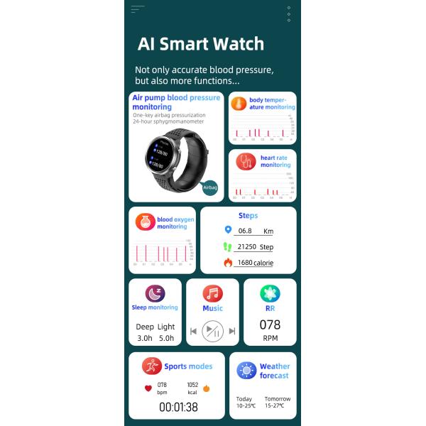 Montre intelligente P30 de moniteur de santé de tension artérielle d'ECG de pompe à air 1,3 pouces pour des soins de santé