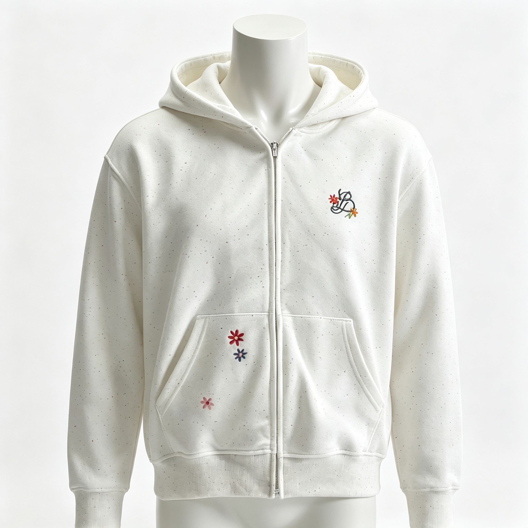 Heavy Terry Fleece 	Men's Heavyweight Hoodie Speckled Floral Embroidery Fleece Zip Up Jacket Oversized
