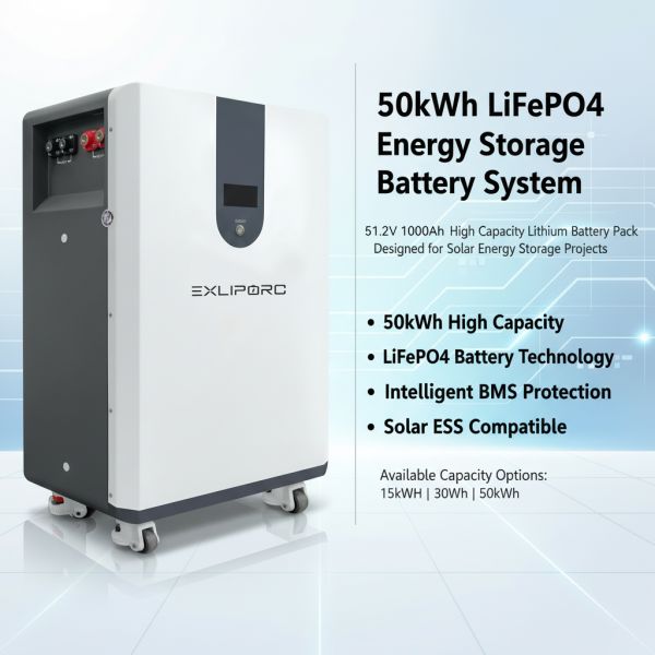 New 50kWh 1000Ah 51.2V 11000 Cycles Vertical Movable LiFePO4 Battery Hithium LFP Home Storage System BESS Pack Solar Energy
