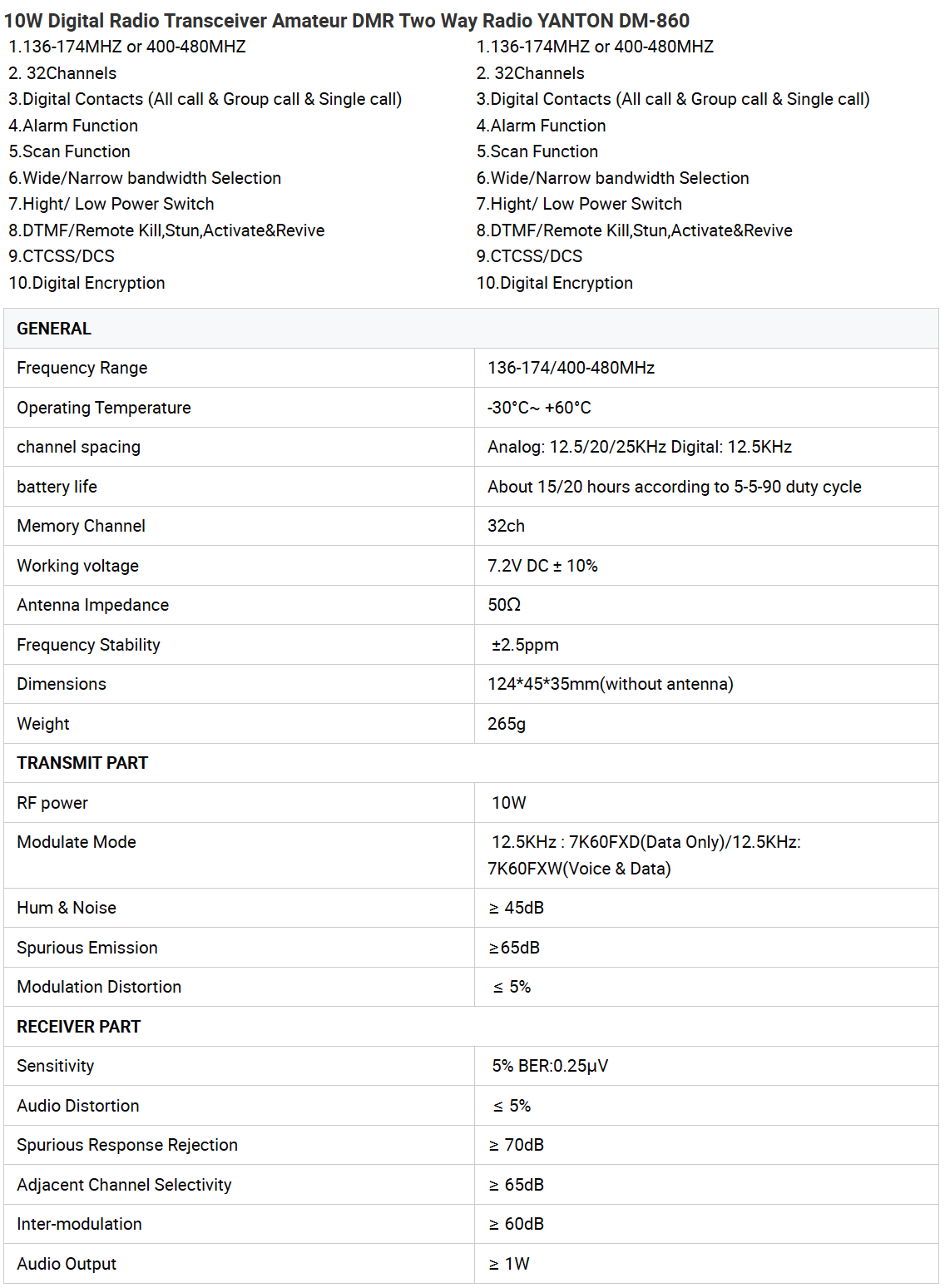 10W Digital Radio Transceiver Amateur DMR Two Way Radio YANTON DM-860