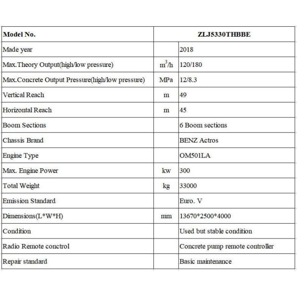 ZLJ5330THBBE Máquina de bombeo de hormigón Zoomlion 49 metros Usado mezclador de hormigón