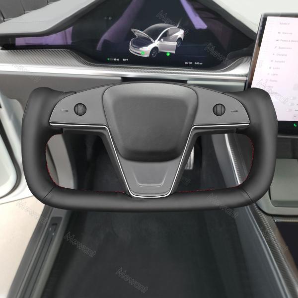 Custom Hand Stitching Black Smooth Leather Steering Wheel Cover for Tesla Model S X 2021 2022 2023