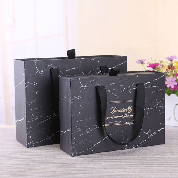 Custom Gold Foil Logo Black Marble Gift Box & Bag Set – Drawer-Style Packaging For Apparel & Premium Gifts (UV Print Options)