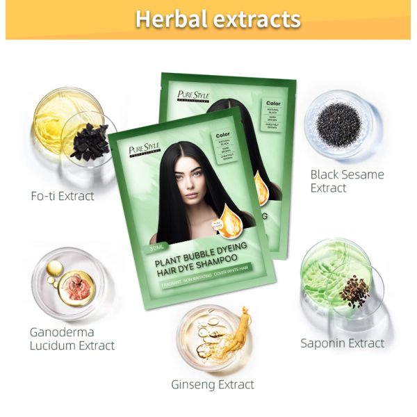 PureStyle OEM Fast Black Organic Bubble Hair Dye Shampoo 300ml Herbal Formula Permanent Treatment Cream Harmless for Hair Skin Free