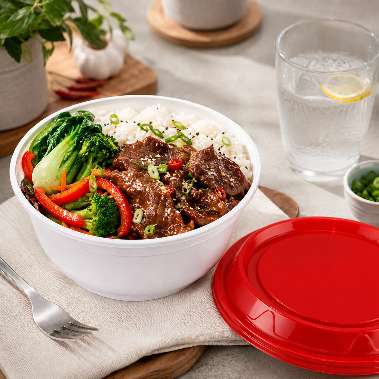 1450ml Disposable Soup Bowls Deep White PP Takeaway Containers with Red / Clear Lids