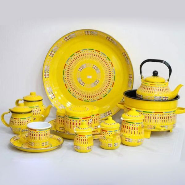 Eco Friendly Enamel Tableware Teapot Sets Saudi Type Colorful Traditional Patterns