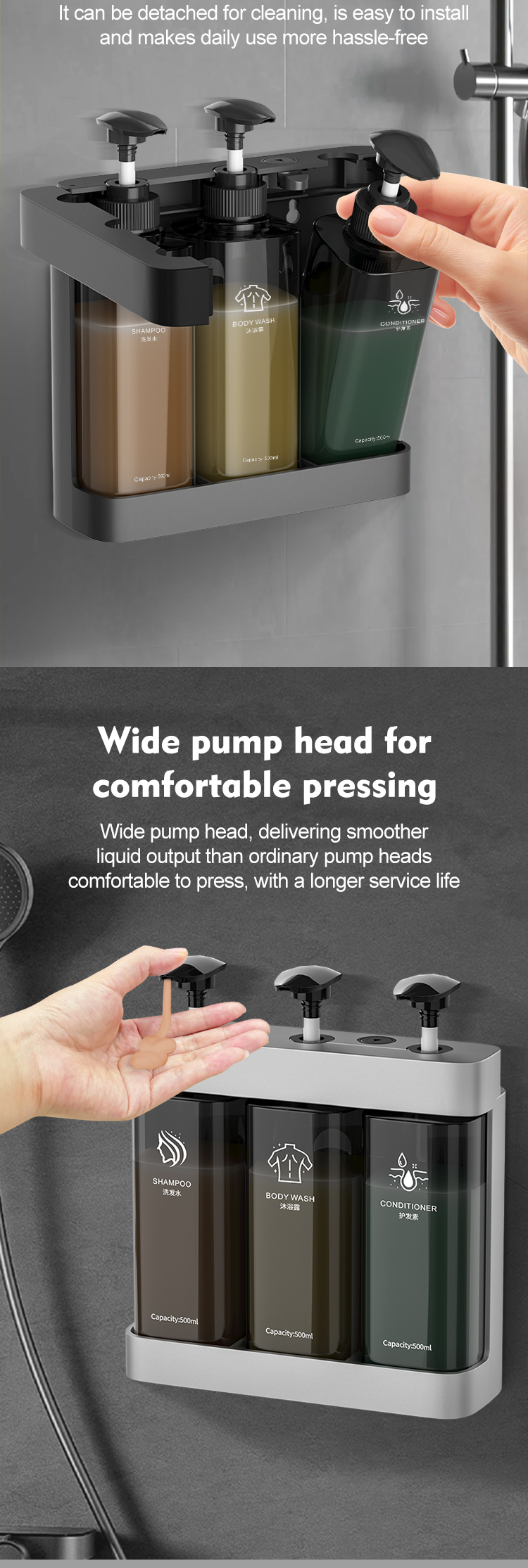 Multi Function Triple Wall Mounted Pump Soap Dispenser Refillable 500ml*3 Capacity