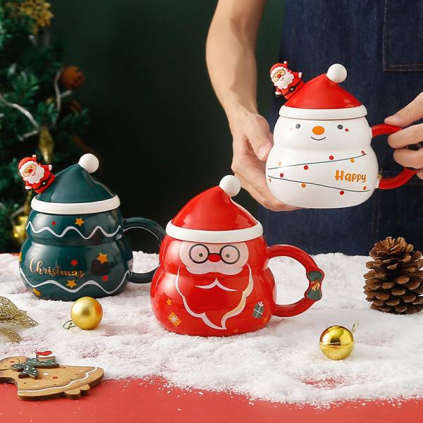 Christmas Tumbler Present WITH LID Porcelain Santa Claus Ceramic Coffee Mug Gift Set