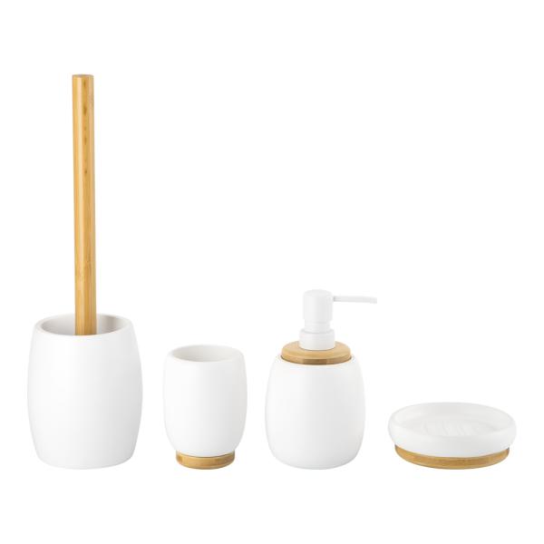 Ensemble de salle de bains en polyrésine noir et blanc en forme ronde en bois avec une partie de savon et un ensemble de comptoirs de salle de bains