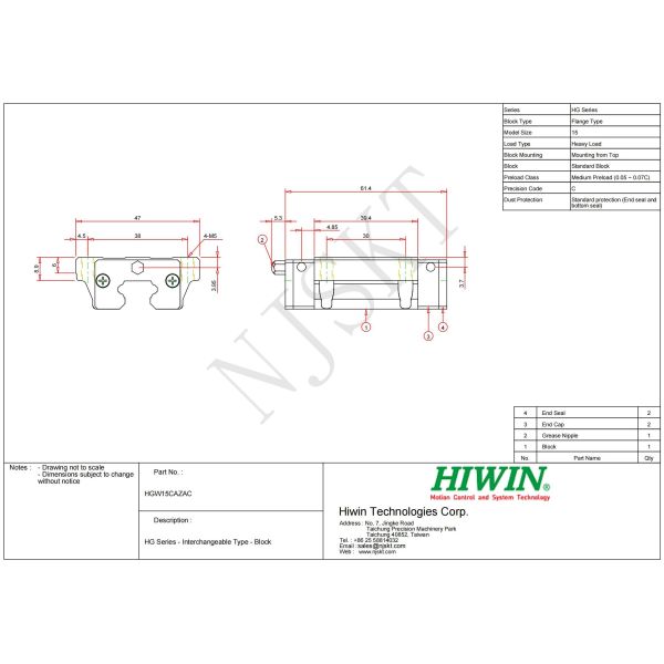 Guidage linéaire HIWIN HGW15CC 15mm pour charges lourdes