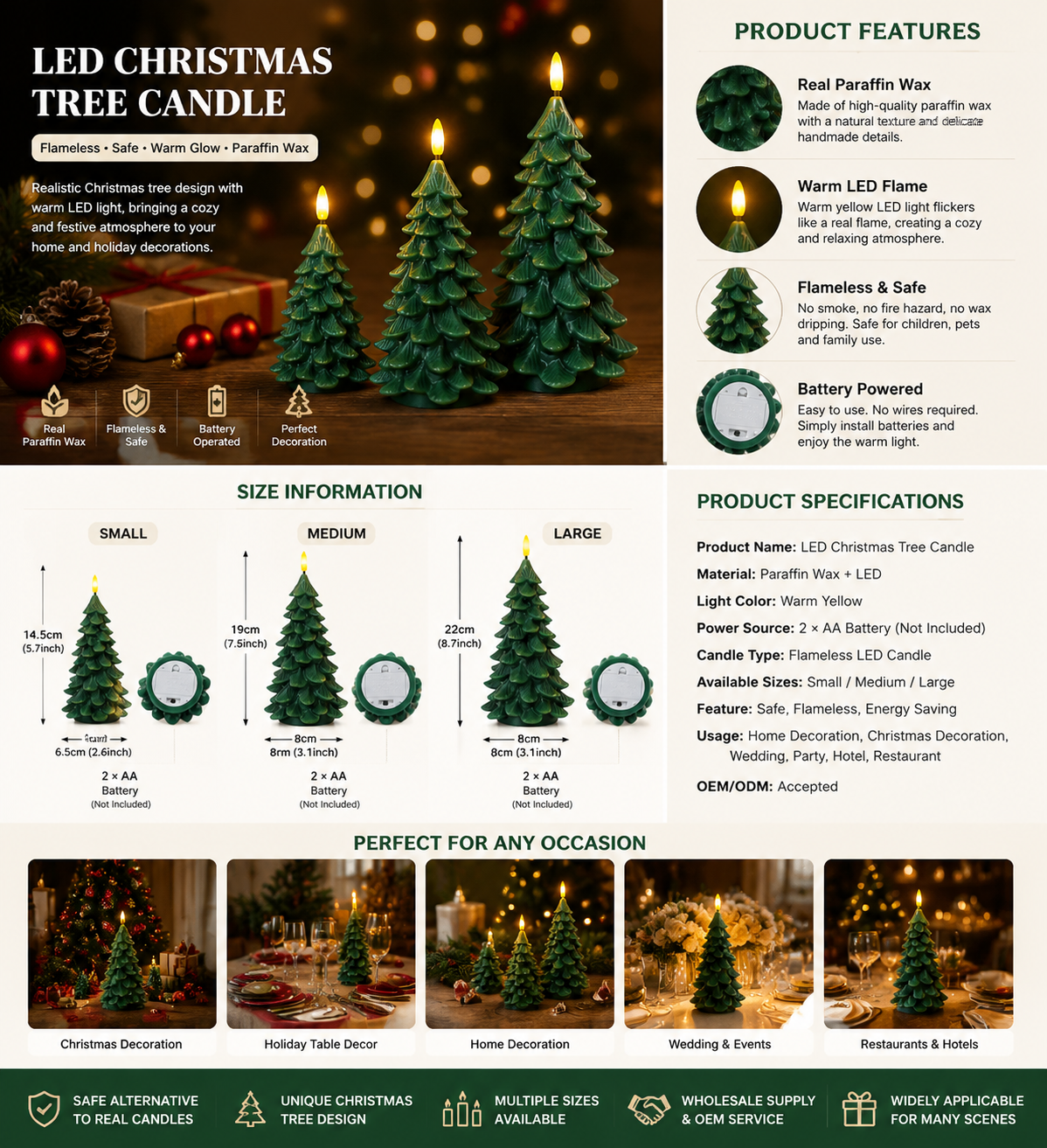 Christmas Tree Design LED Candle with Real Paraffin Wax and Timer Function for Festive Decoration
