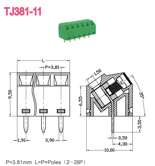 Pin типа 2 струбцины винта терминального блока винта PCB 10A - соединение 28 Pin электрическое