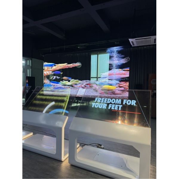 55-inch angled transparent oled touch screen with 43% transparency and 200,000:1 contrast for interactive exhibits