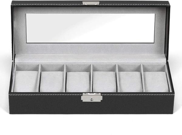 NEX 6 Slots Watch Box Organizer for Men, Black Watch Holder Stand Display Storage Case