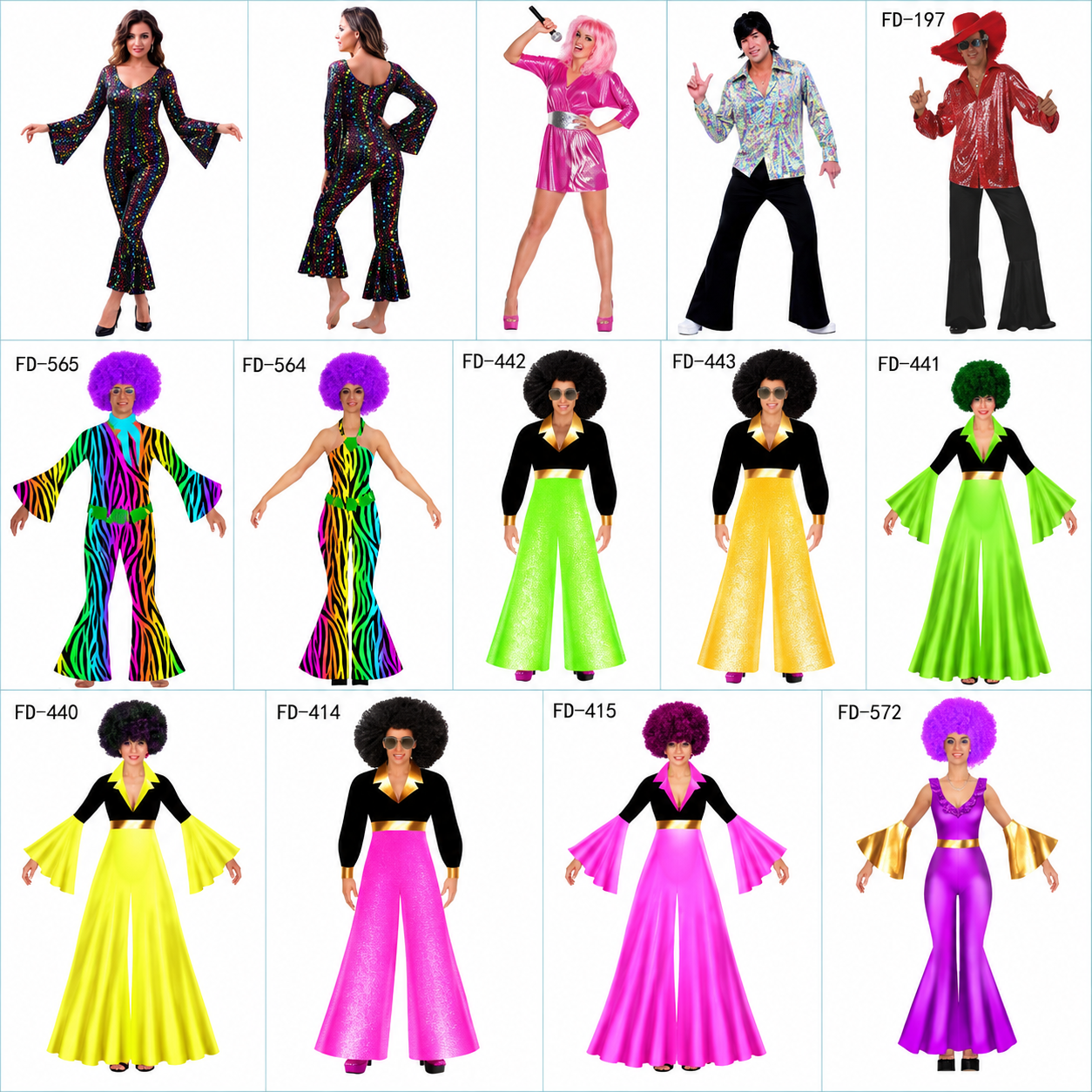 Wholesale Retro Disco Costumes for Men and Women Sequin Jumpsuits, Bell Bottom Pants and Colorful Stage Party Outfits, Custom OEM ODM 1970s Inspired Fancy Dress Supplier with Low MOQ by Patygr Factory