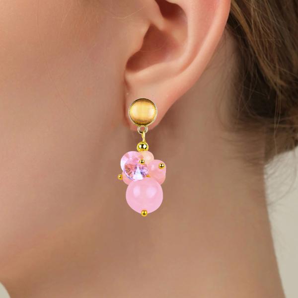 Pink Chalcedony Crystal Stone Unique DIY Oval Pendant Round Bead Stud Earrings For Daily Wear