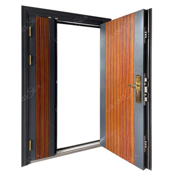 2022 New Design Latest Modern Style Grey Wooden Texture High Grade Burglar Proof Strong Security Steel Front Entry Door