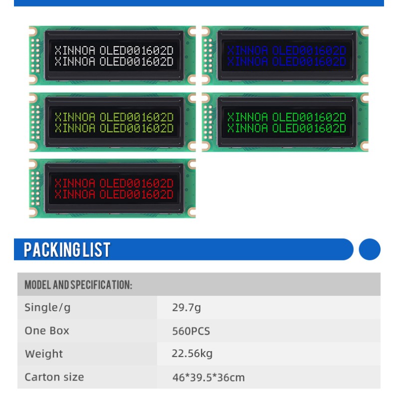 OLED001602D Black Film, 16x2 Character OLED LCD Display, WS0010 Controller, Parallel Port, 85x30x10mm Outline Dimension,
Working Temperature -40+80 Display