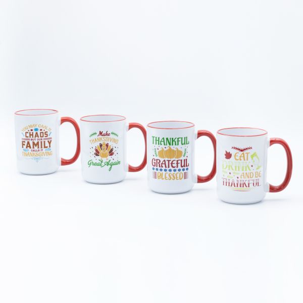 High Temperature Decal Fired Thanksgiving Mugs Wholesale With Color Rim For Festival Gift Enthusiasts