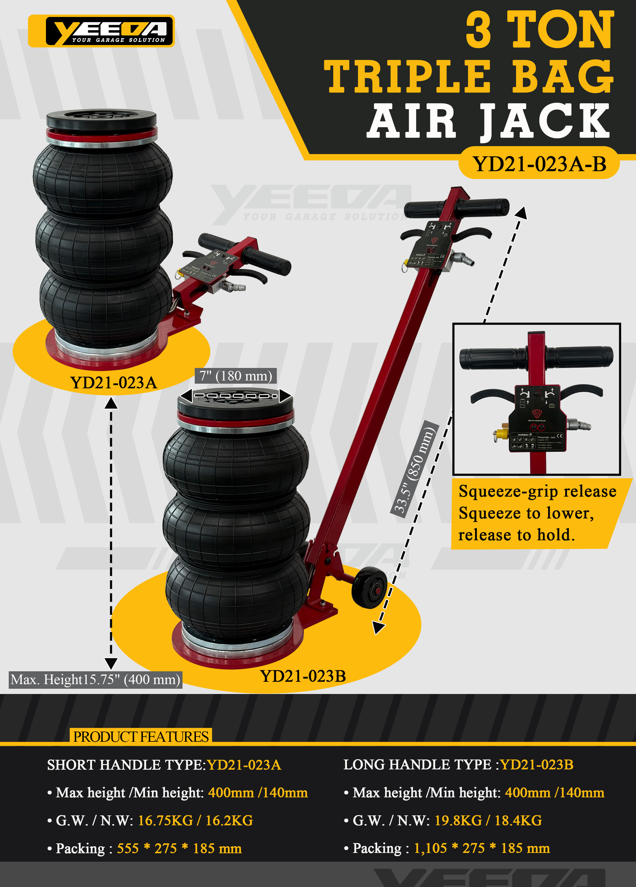3 Ton Triple Bag Air Jack with Squeeze-Grip Release and Long/Short Handle Options for Pneumatic Lifting
