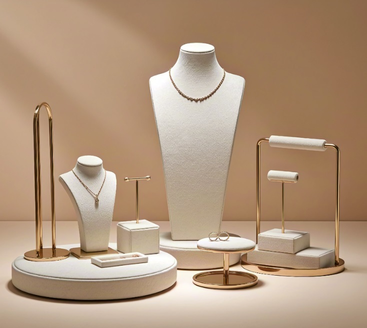 Elegant Gold Metal Frame Jewelry Display Set with Premium Beige Velvet Lining