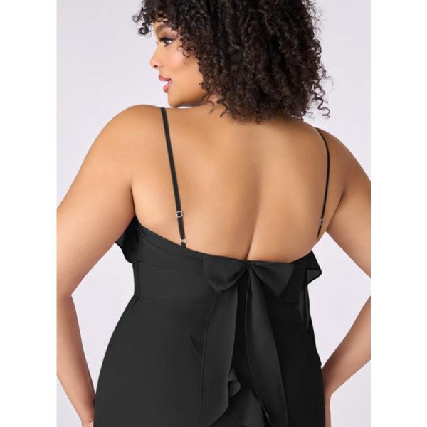 Excellent Plus Size Black Chiffon Bridesmaid Dress Sheath Spaghetti Straps Ruffles Backless Straight Front Split Slit